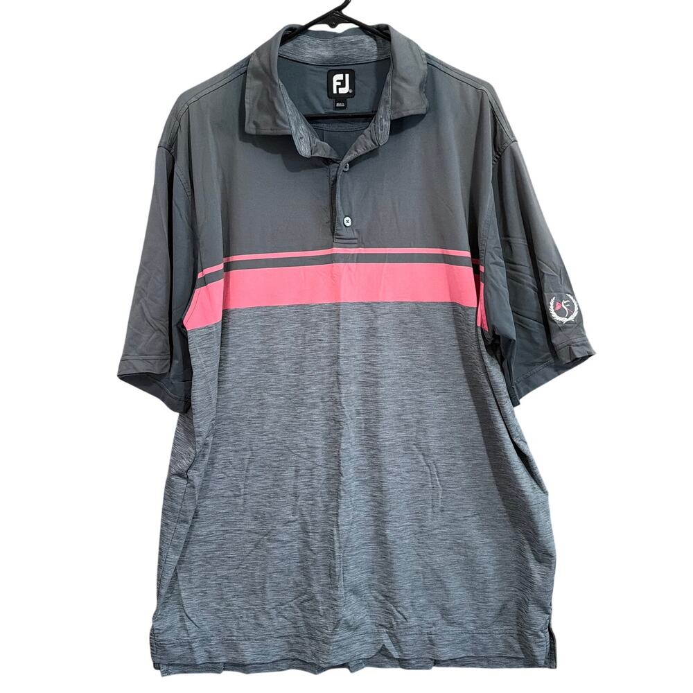 FootJoy Mens Shirt Gray Pink Stripe Golf Collared Polo Short Sleeve Stretch XL